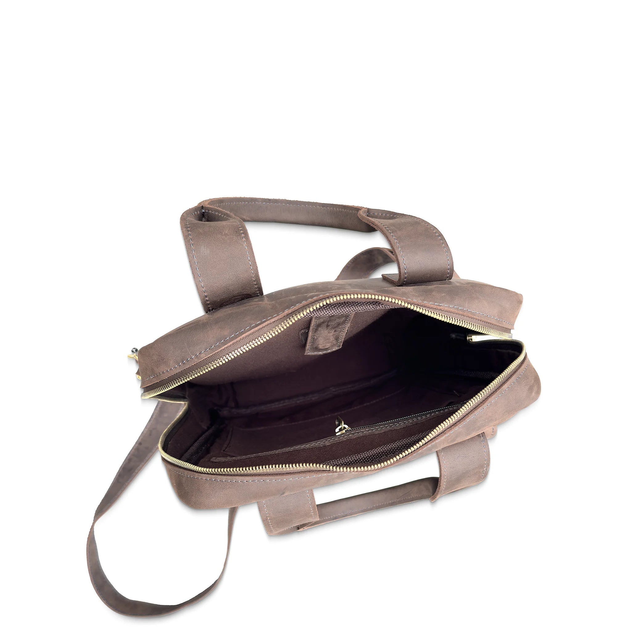 Brown leather bag with a shoulder strap on a white background