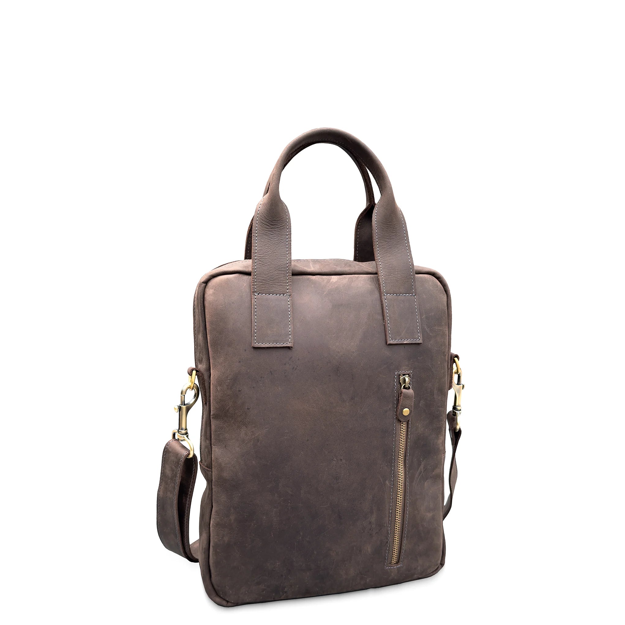 Brown leather backpack on a white background