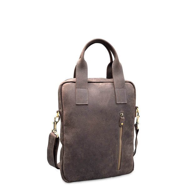 Brown leather backpack on a white background