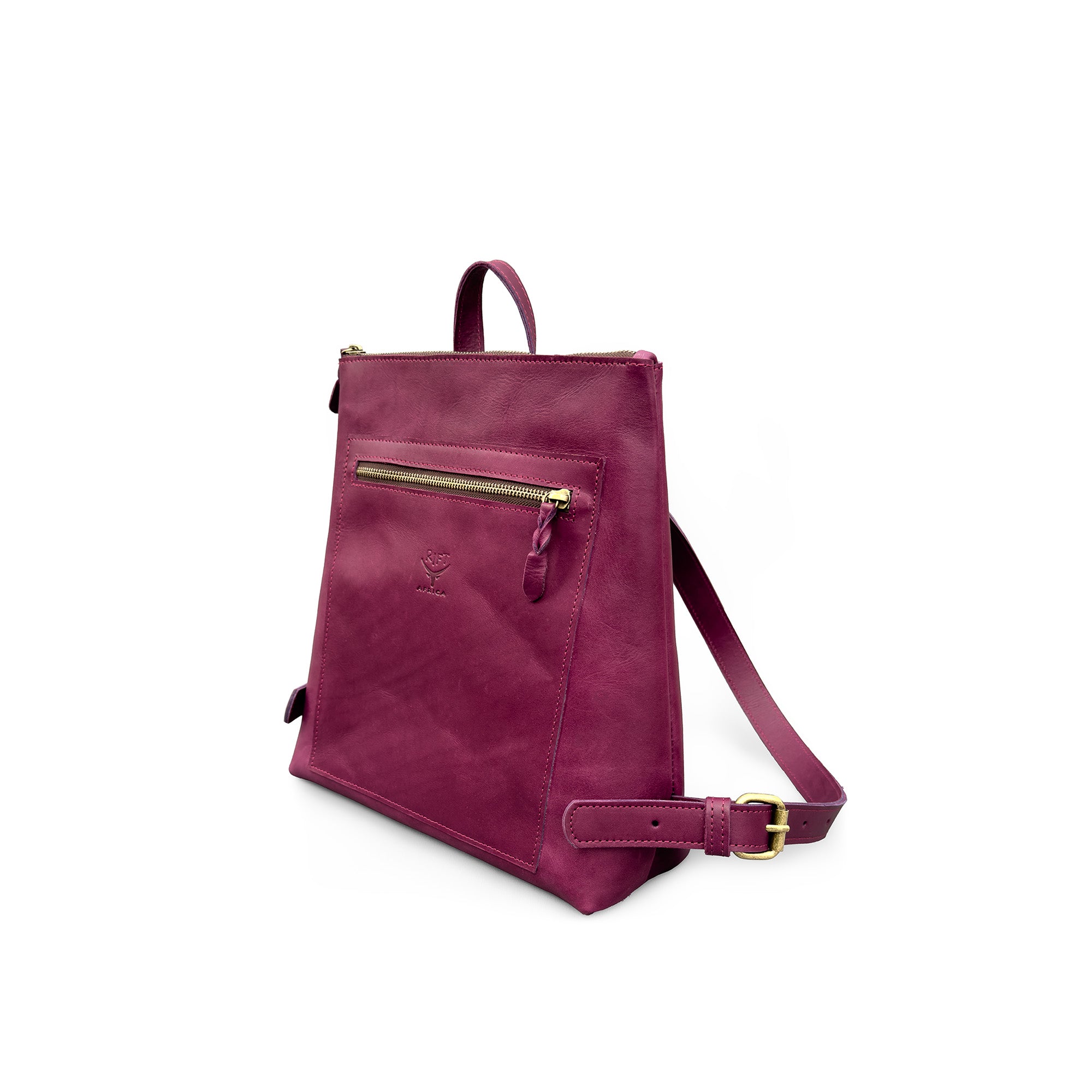 Purple leather backpack with gold zipper and strap on a white background
