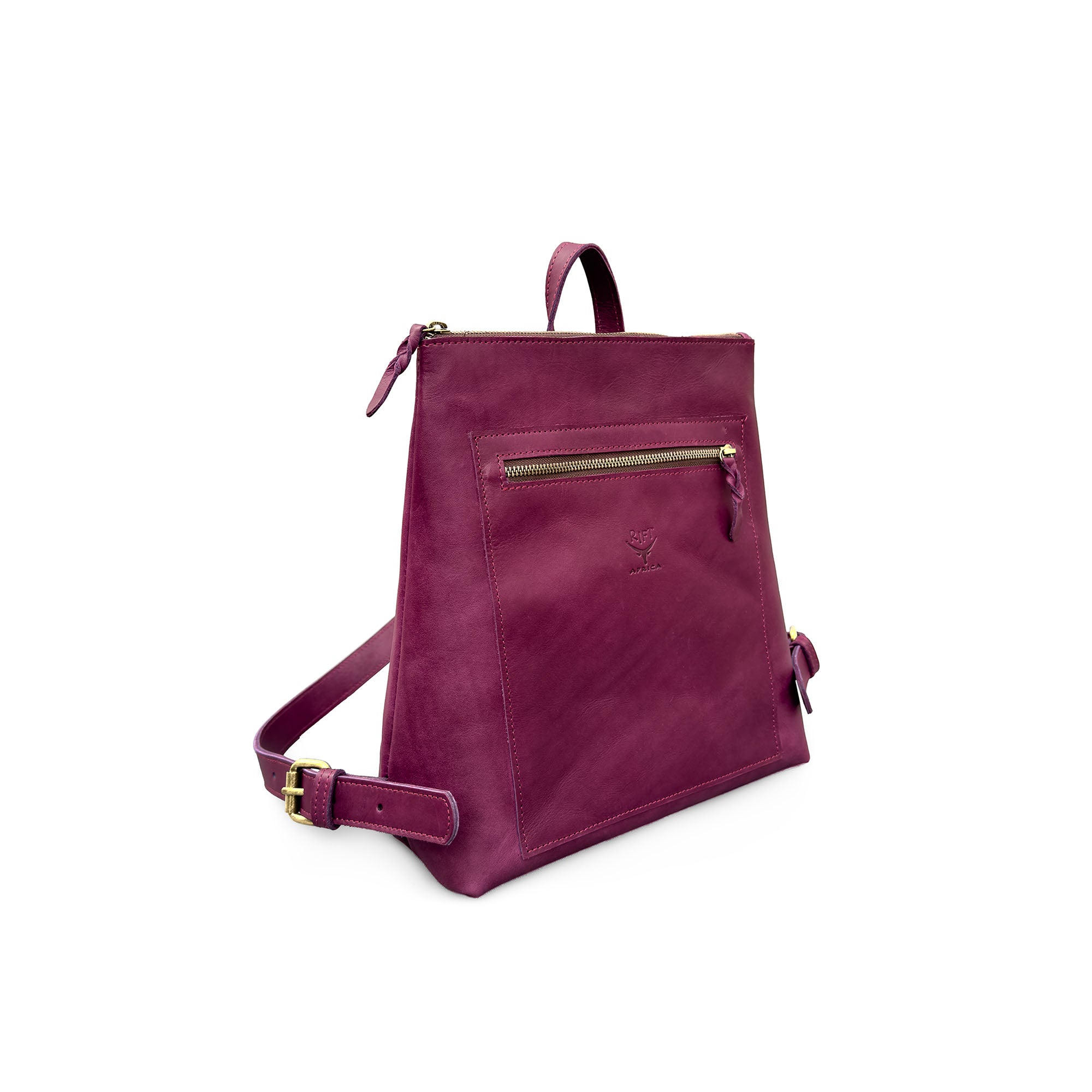 Purple leather backpack with a gold zipper on a white background