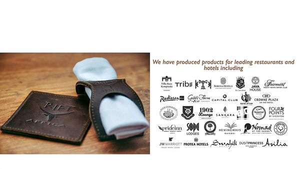 Brown leather product holder with white item on a wooden surface, with brand logos on a white background.