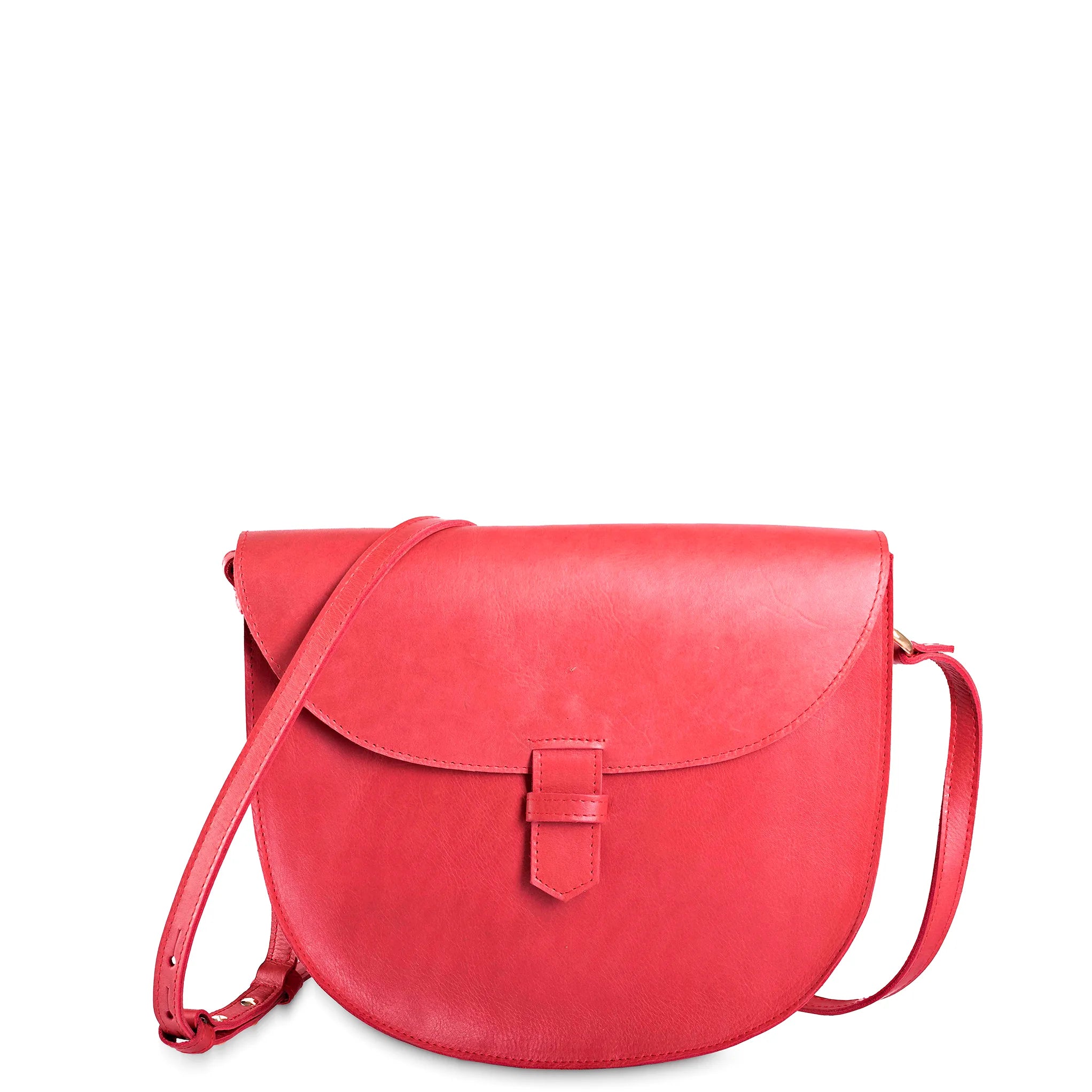 Red leather satchel bag on a white background