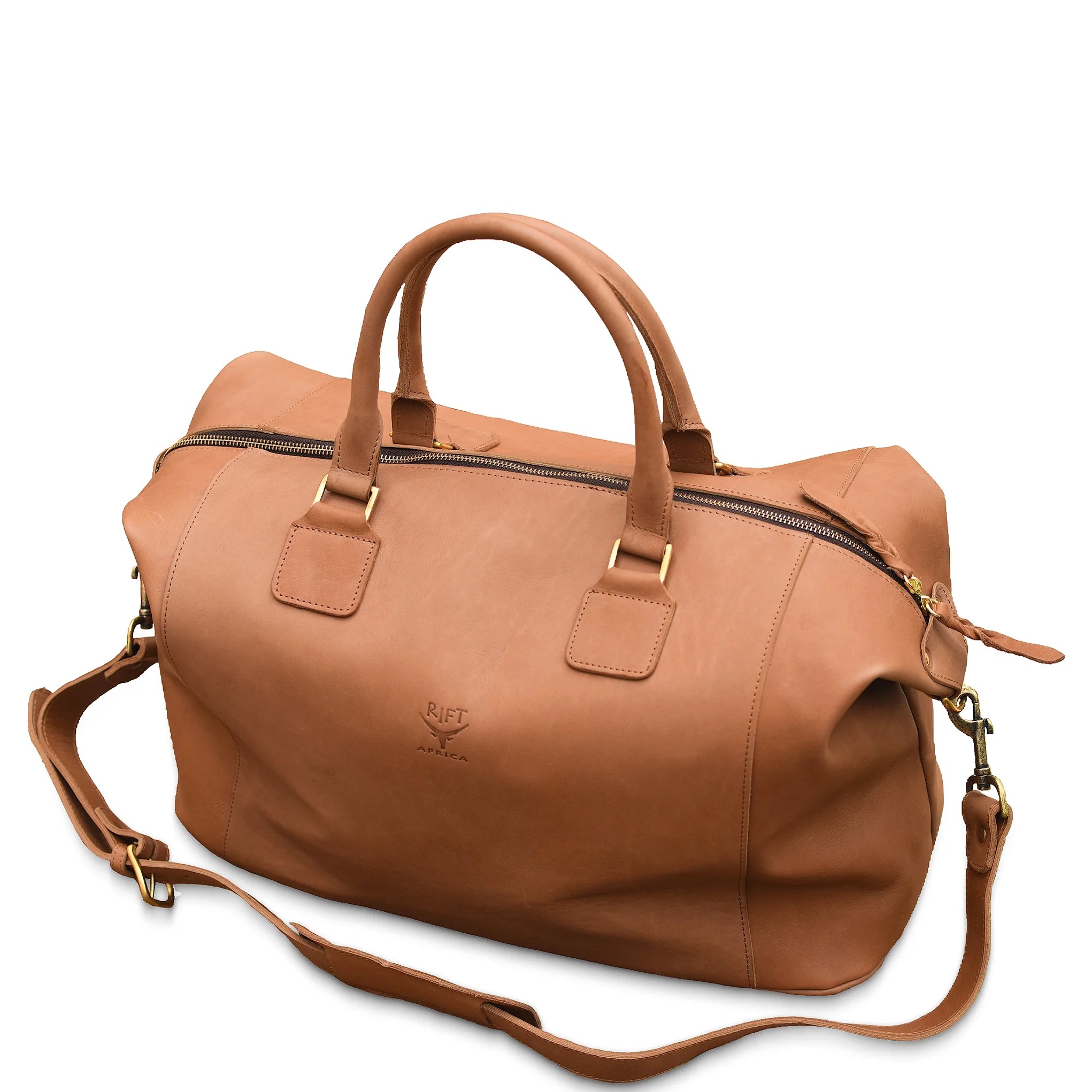 Brown leather duffel bag with shoulder strap on a white background