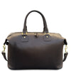 Brown leather duffel bag with gold accents on a white background