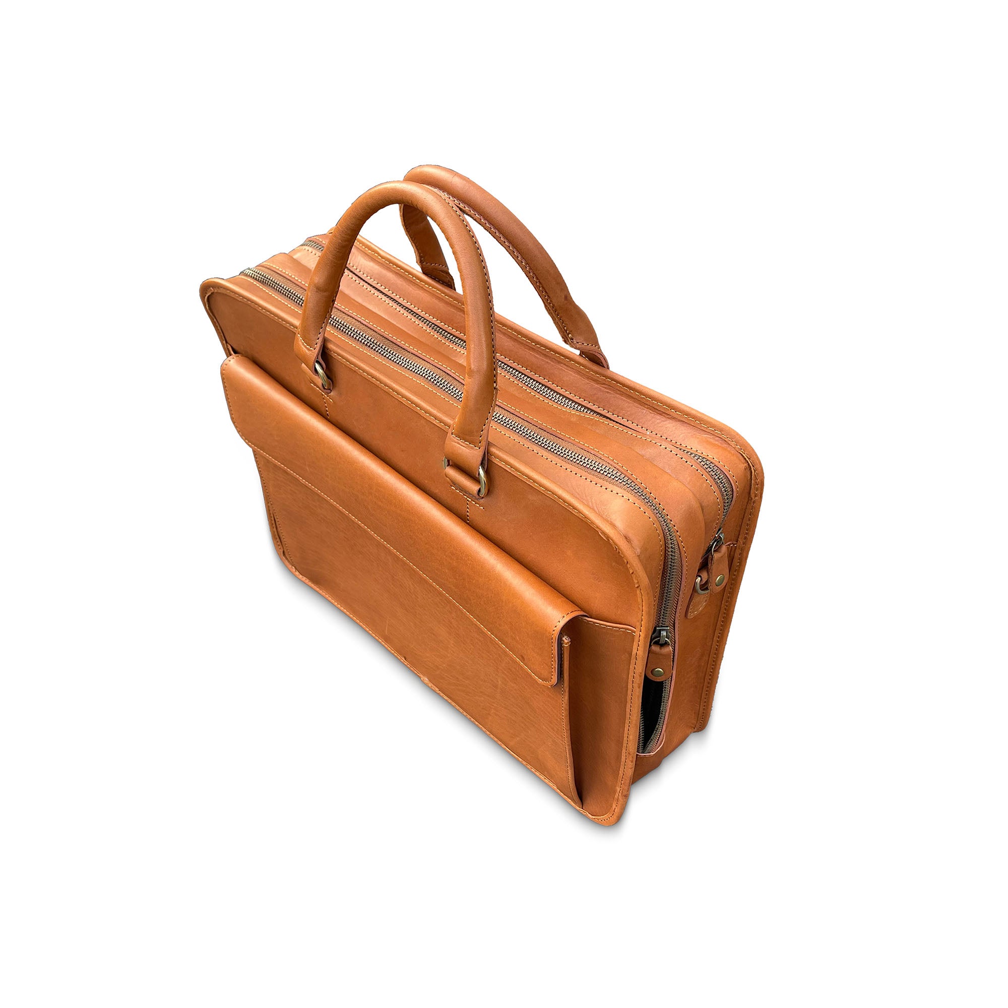 Brown leather briefcase on a white background