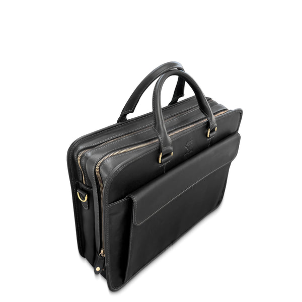 Black leather briefcase on a white background