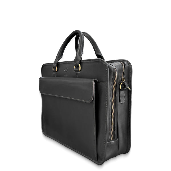 Black leather briefcase with a flap pocket and zipper compartment on a white background