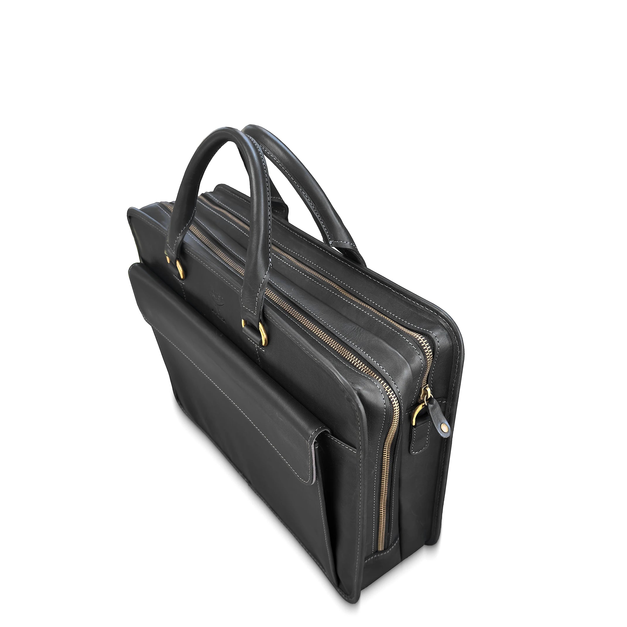Black leather briefcase with gold zipper on a white background