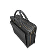 Black leather briefcase with gold zipper on a white background