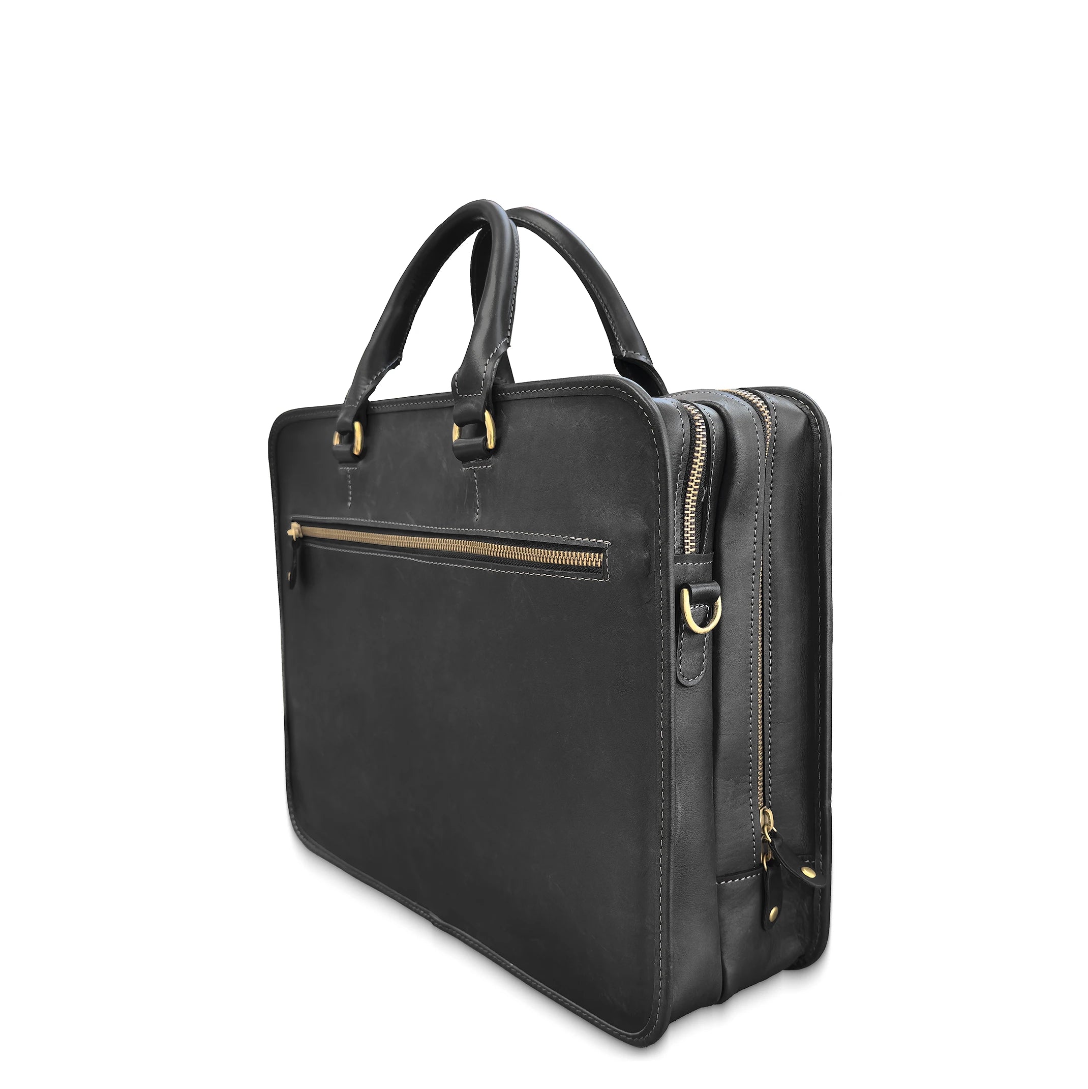 Black leather briefcase with gold zippers on a white background