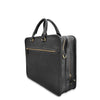 Black leather briefcase with gold zippers on a white background