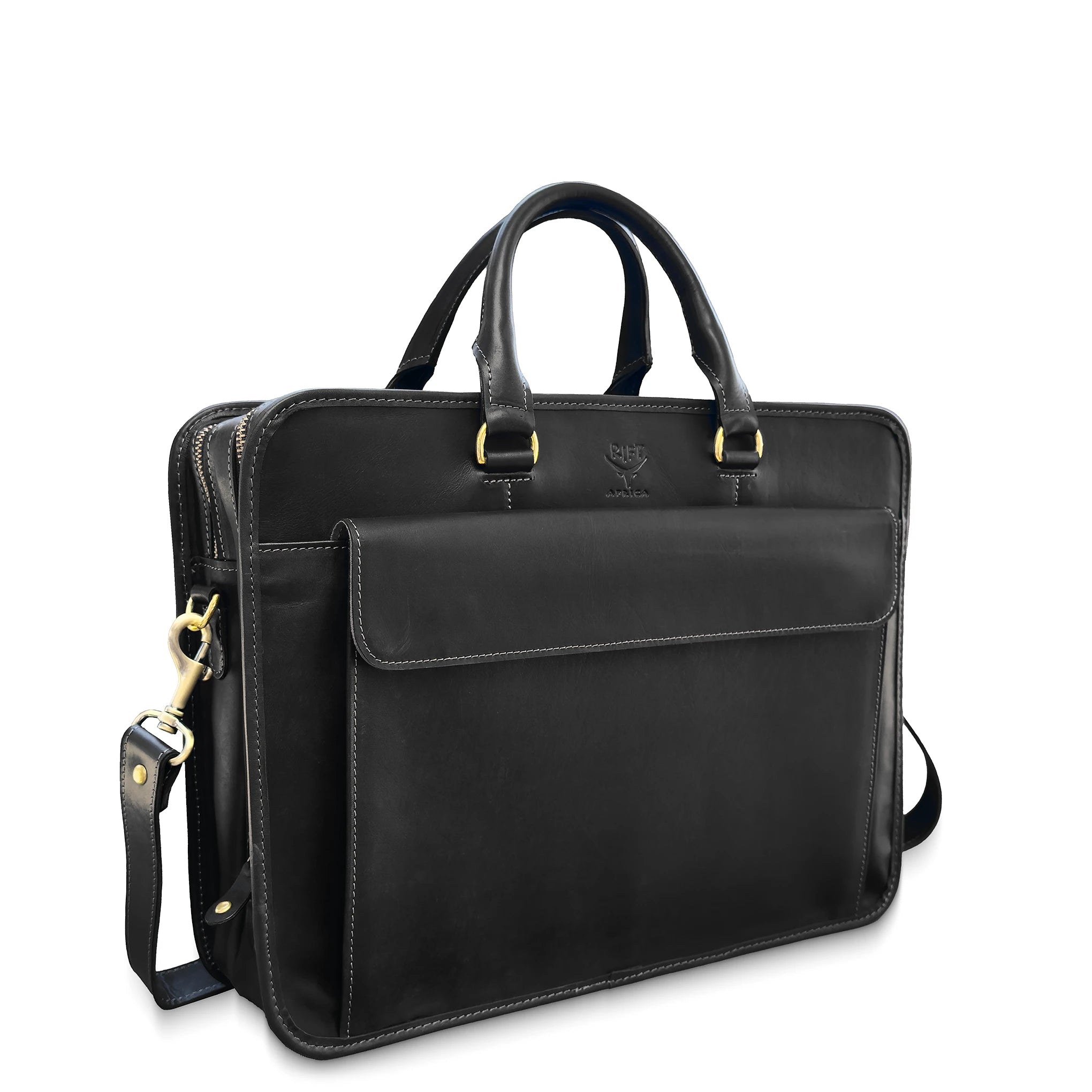 Black leather briefcase with gold hardware on a white background