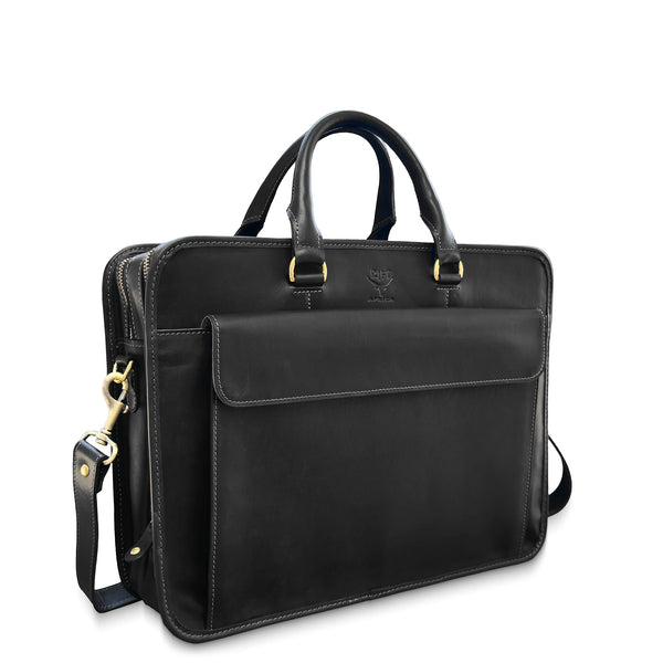 Black leather briefcase with gold hardware on a white background