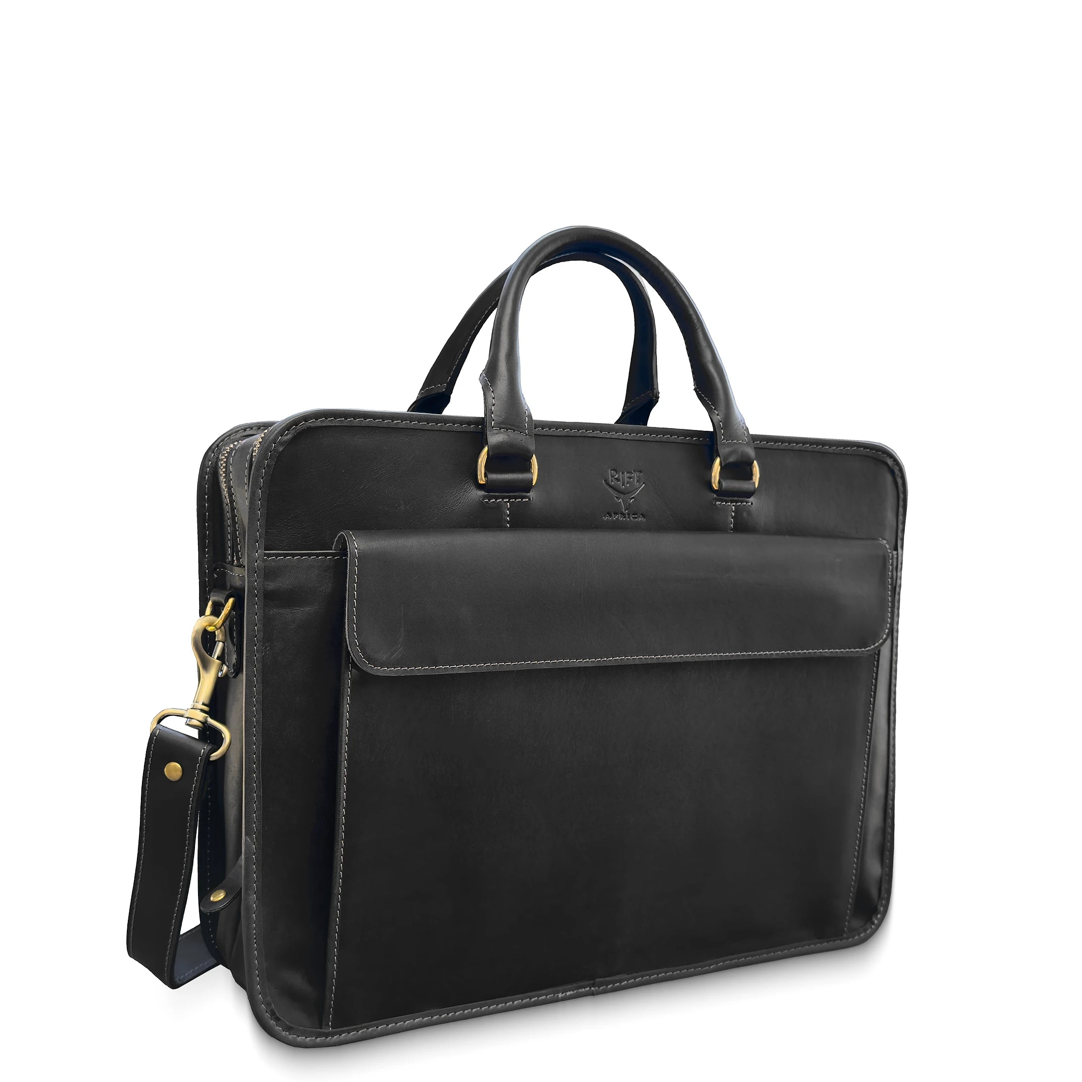 Black leather briefcase with gold accents on a white background