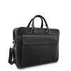 Black leather briefcase with gold accents on a white background