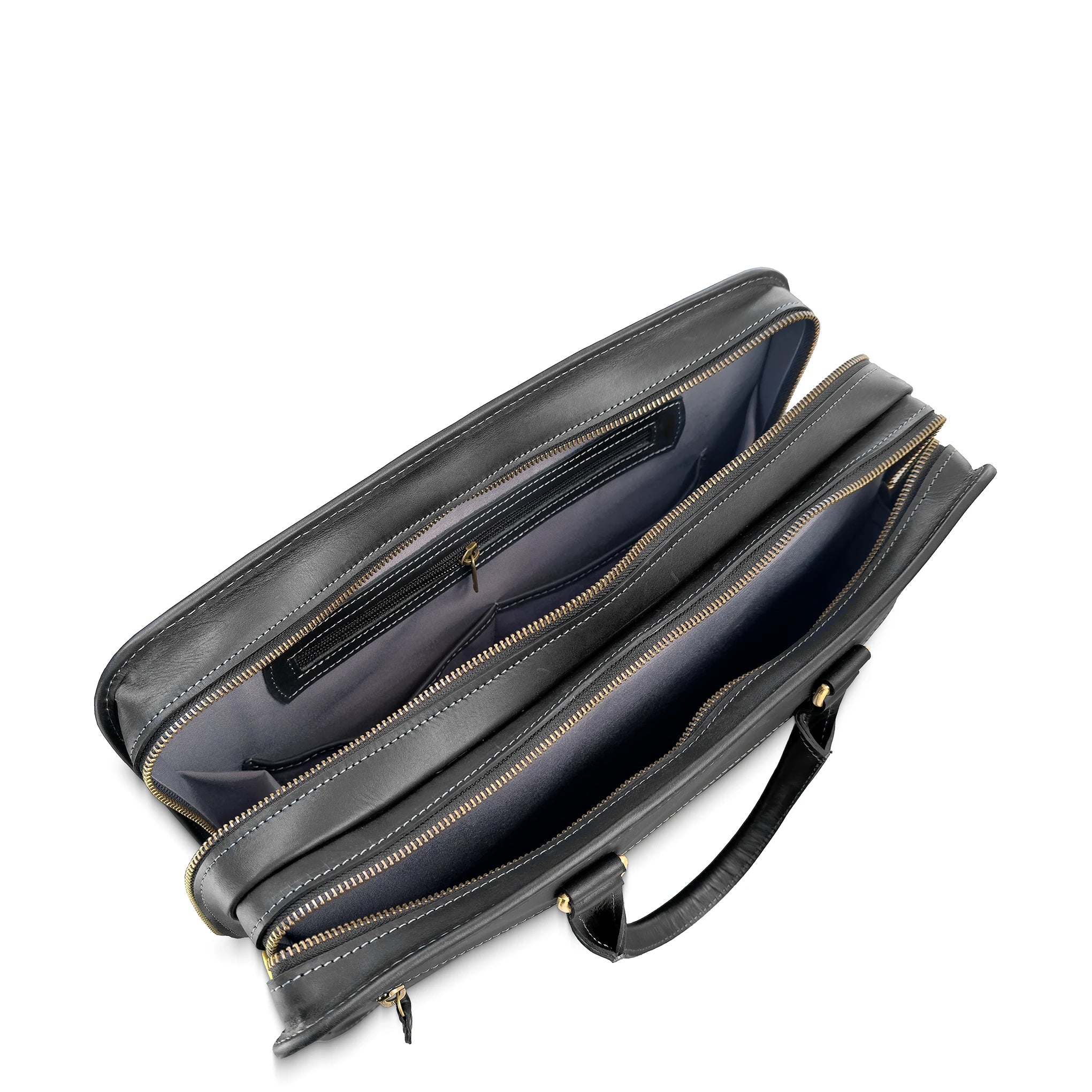 Black leather briefcase with gold zipper on a white background