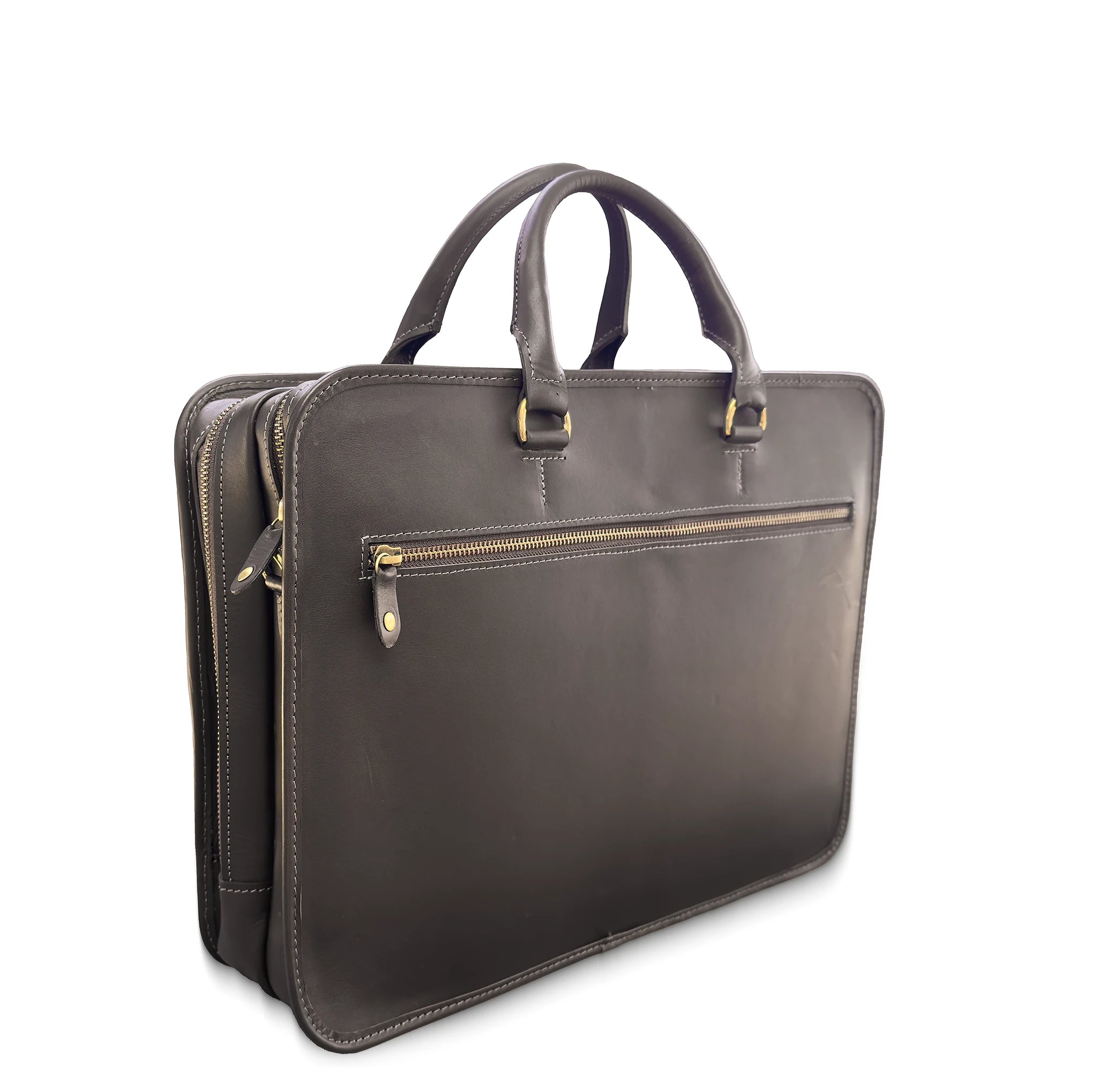 Brown leather briefcase with gold zipper on a white background