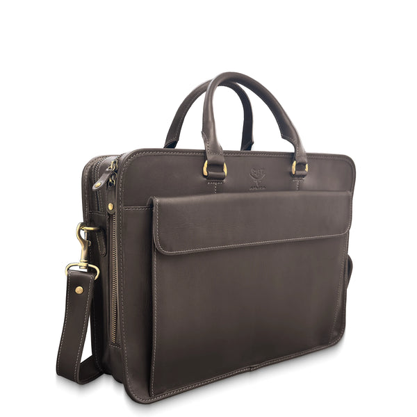 Brown leather briefcase with gold hardware on a white background