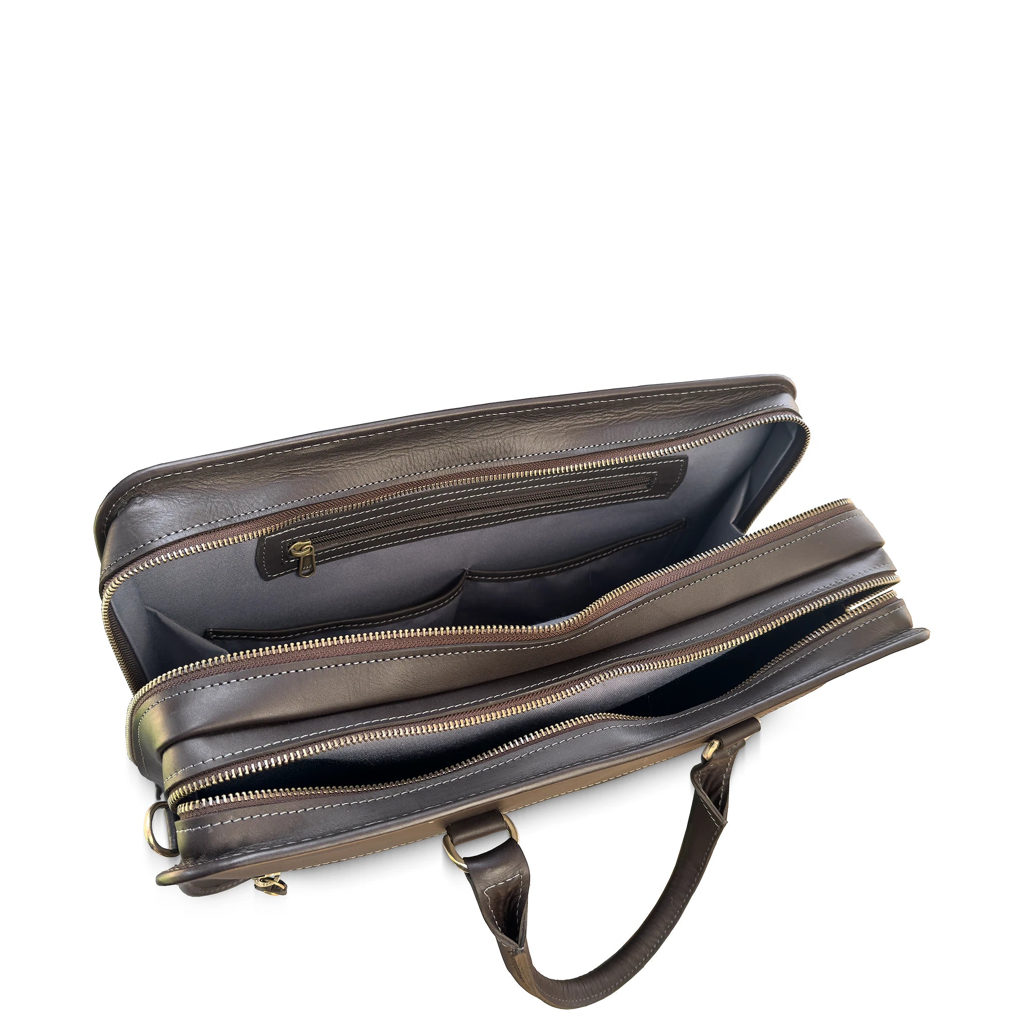 Brown leather briefcase with gold zipper on a white background