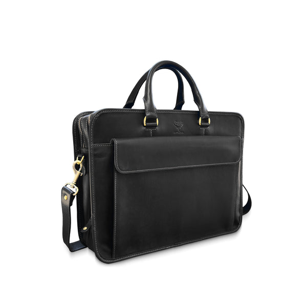 Black leather briefcase with gold hardware on a white background