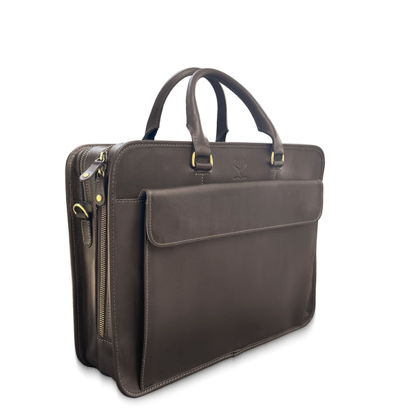 Brown leather briefcase with multiple compartments on a white background