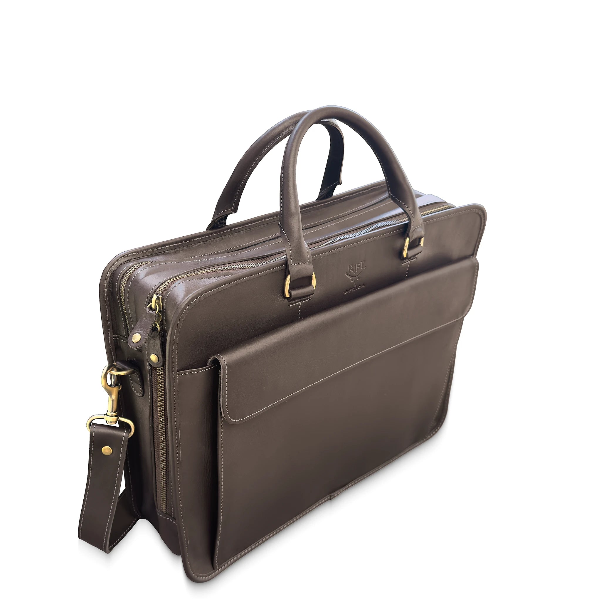 Brown leather briefcase with gold accents on a white background