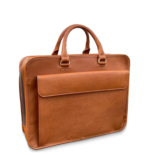 Brown leather briefcase on a white background