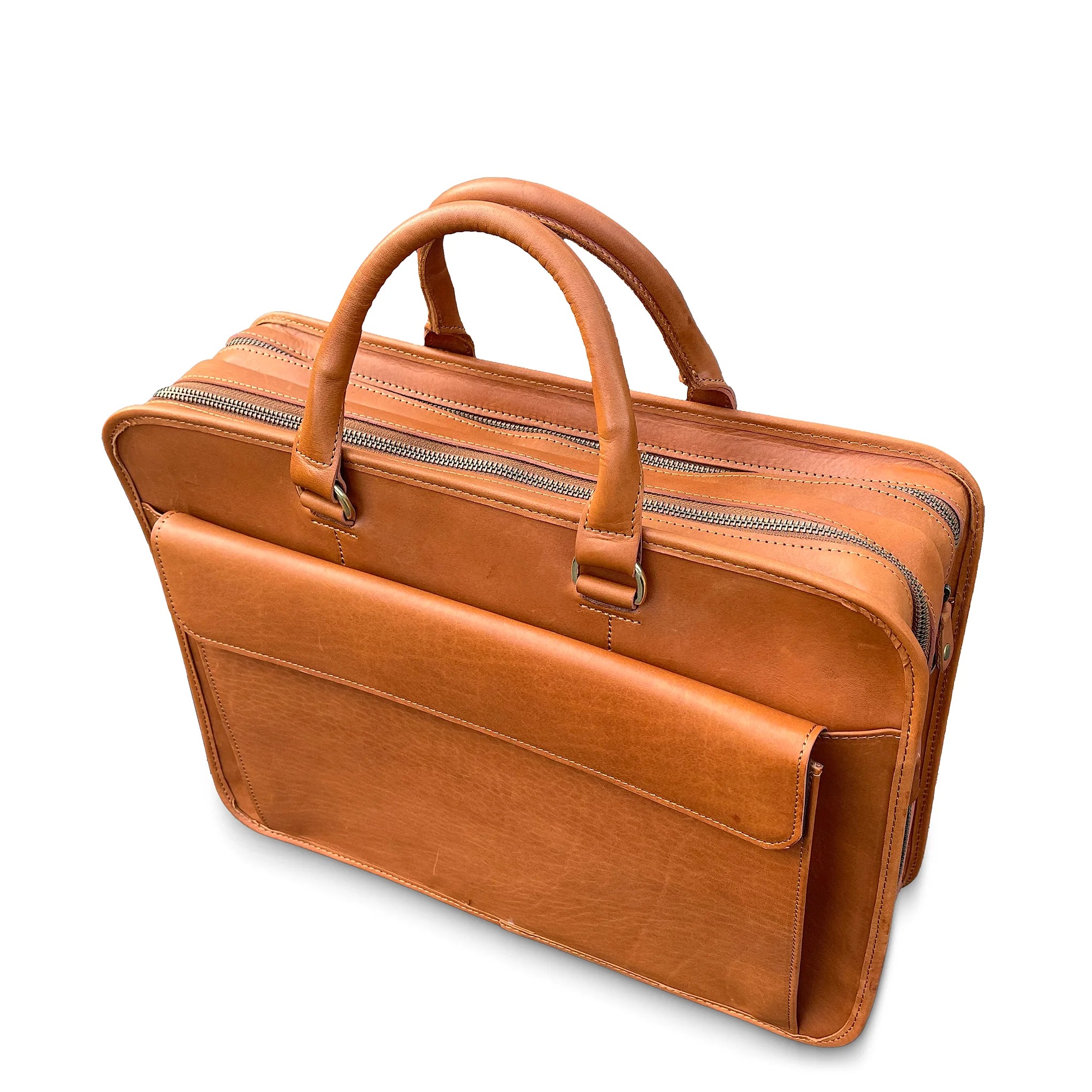 Brown leather briefcase on a white background