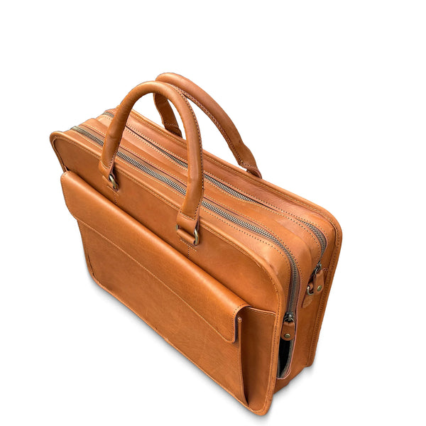 Brown leather briefcase on a white background