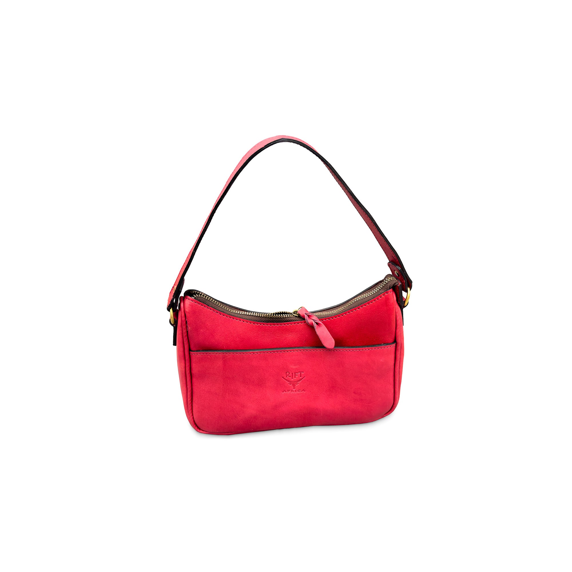 Red leather handbag