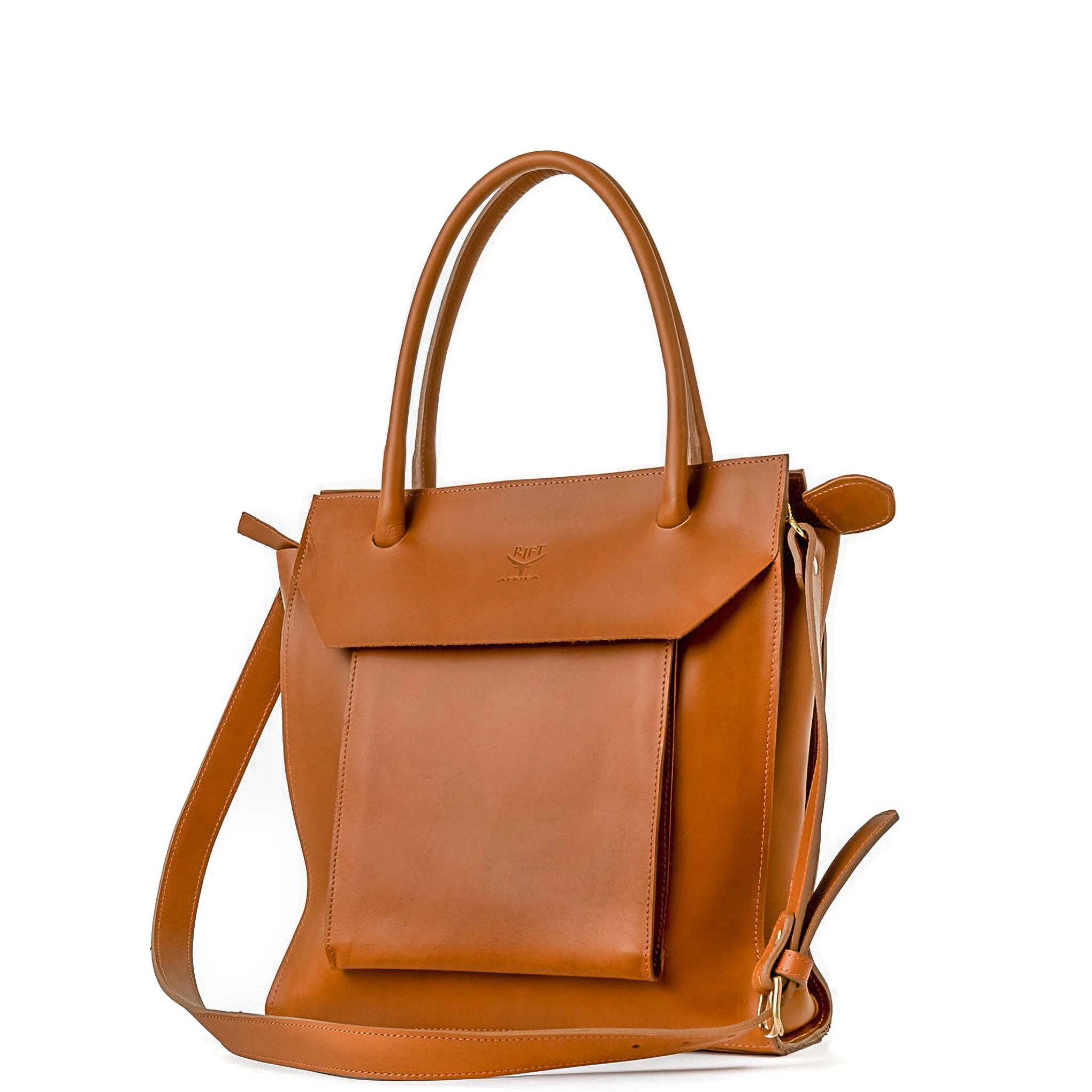 Brown leather handbag with a shoulder strap on a white background