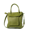 Green leather handbag with a shoulder strap on a white background