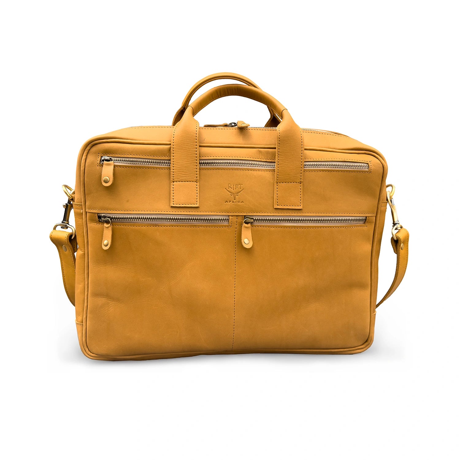 Tan leather bag with multiple zippers on a white background