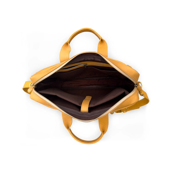 Tan briefcase with open front compartment on a white background