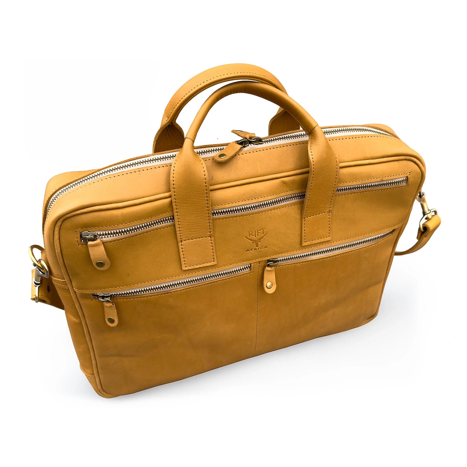 Tan leather briefcase with multiple zippers on a white background
