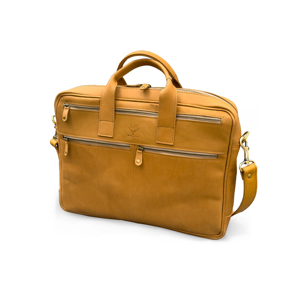 Brown leather briefcase with gold zipper pulls on a white background