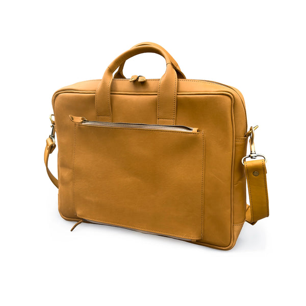 Brown leather briefcase with shoulder strap on a white background