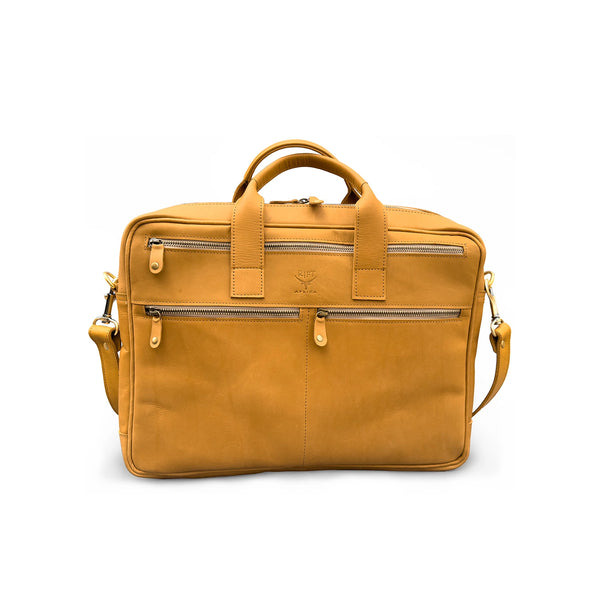 Tan leather briefcase on a white background
