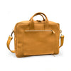 Tan leather briefcase with shoulder strap on a white background