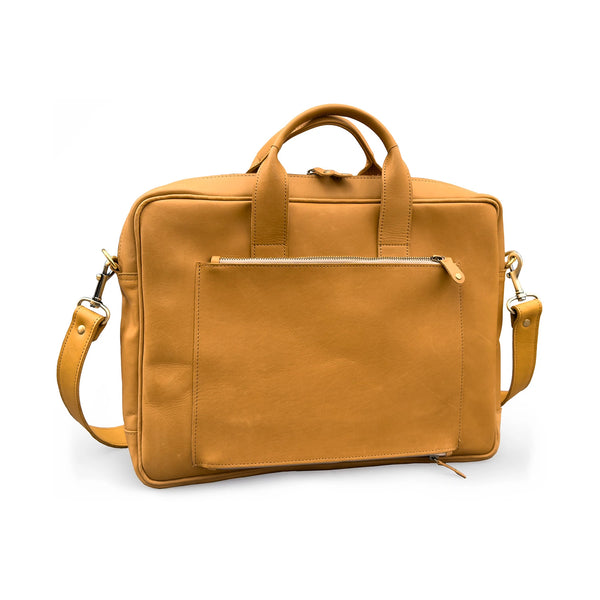 Tan leather briefcase with shoulder strap on a white background