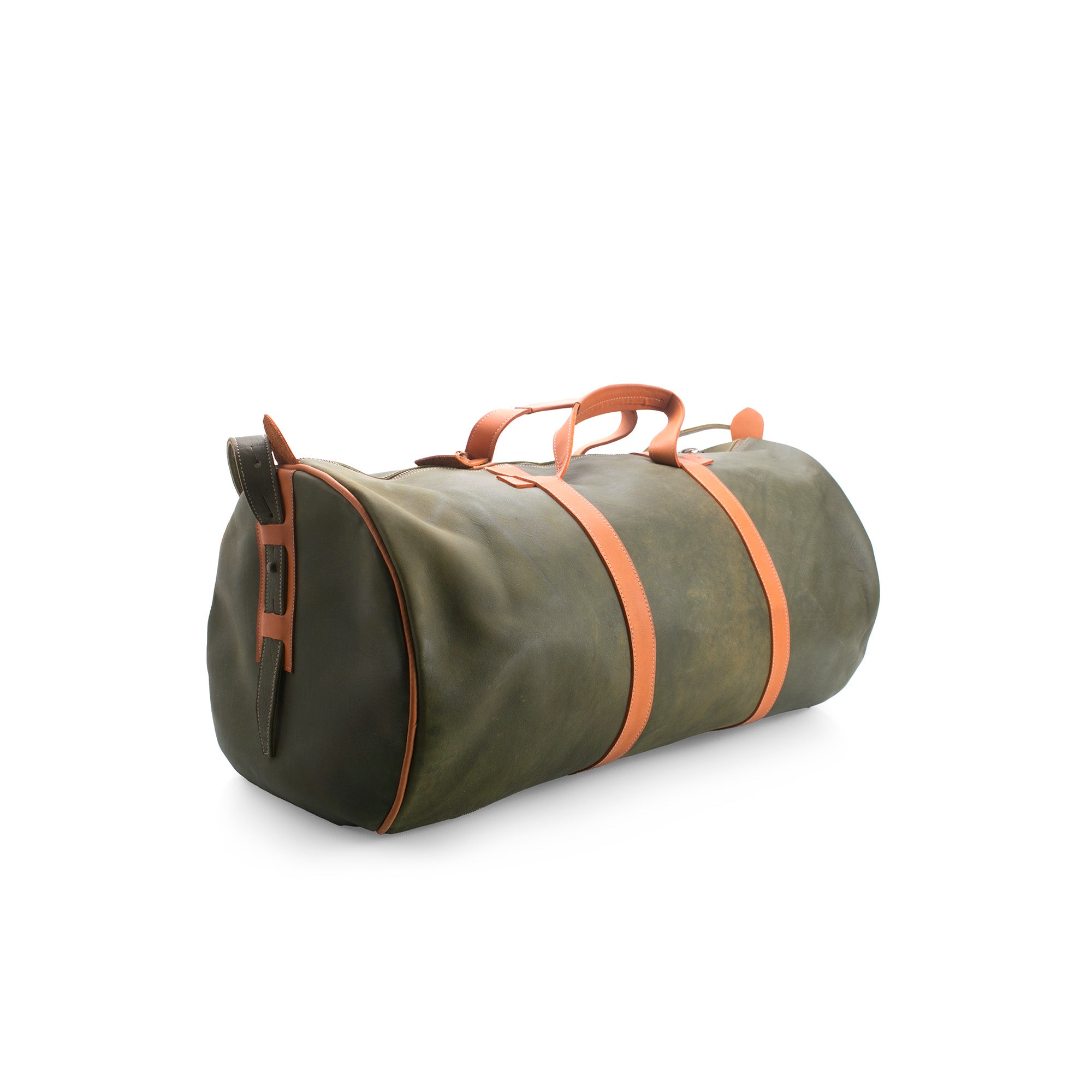 Green duffel bag with orange straps on a white background