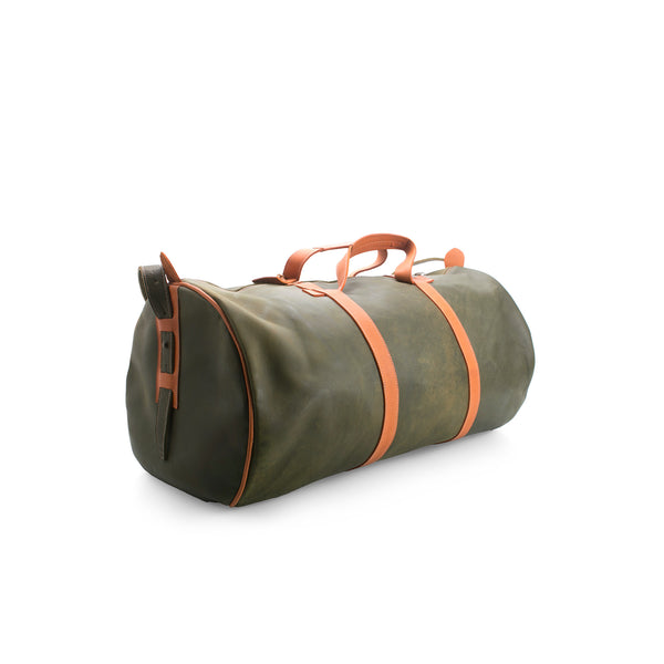 Green duffel bag with orange straps on a white background