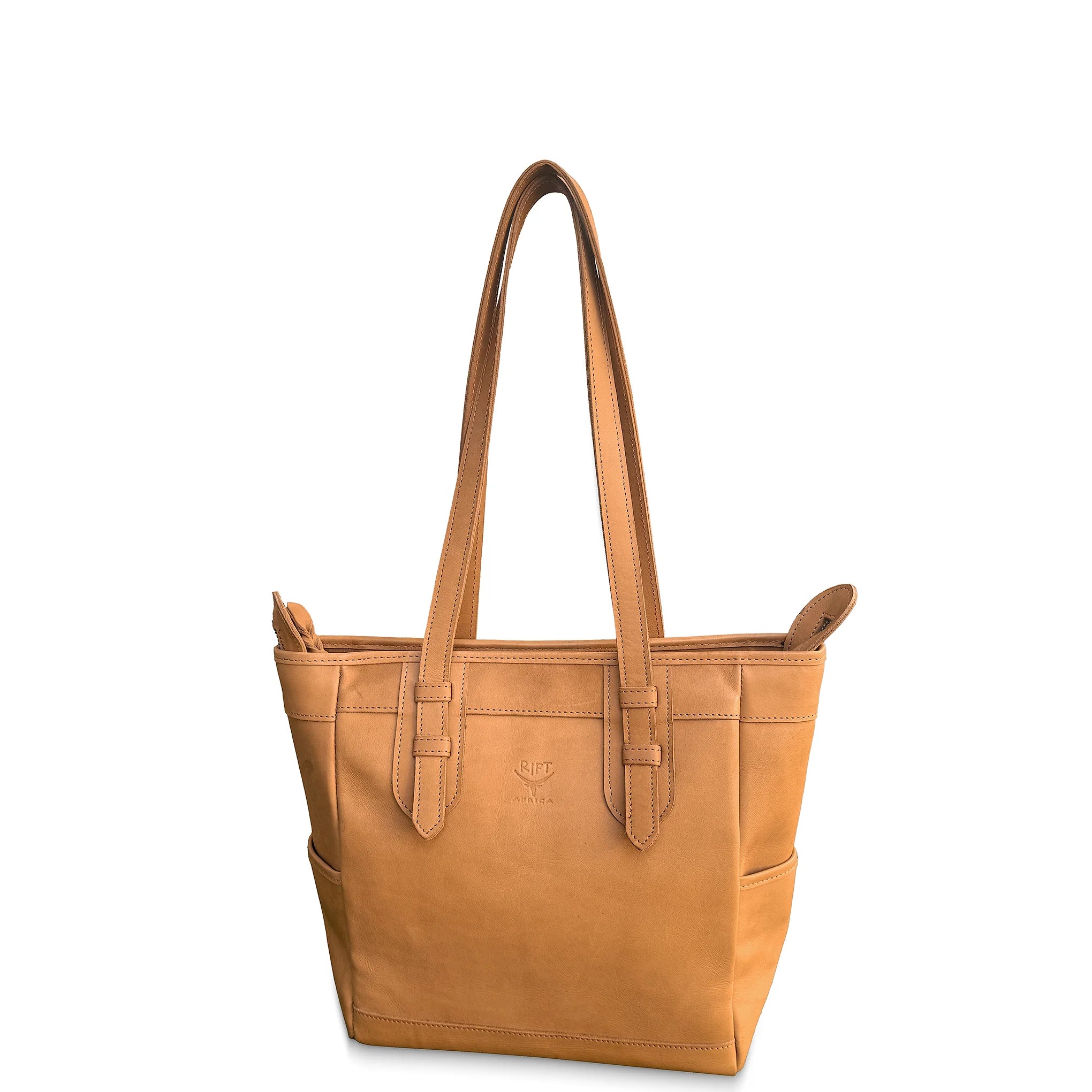 Tan leather tote bag on a white background
