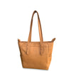 Tan leather tote bag on a white background