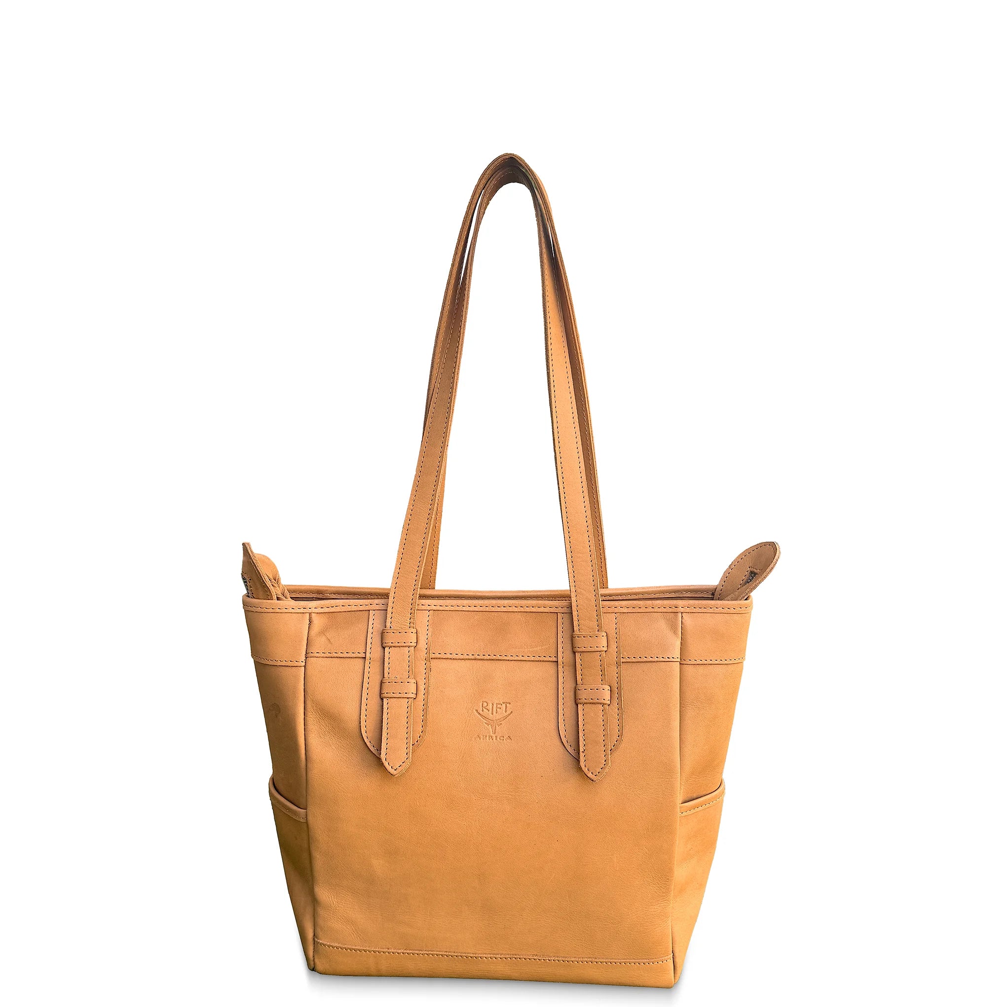 Tan leather tote bag on a white background
