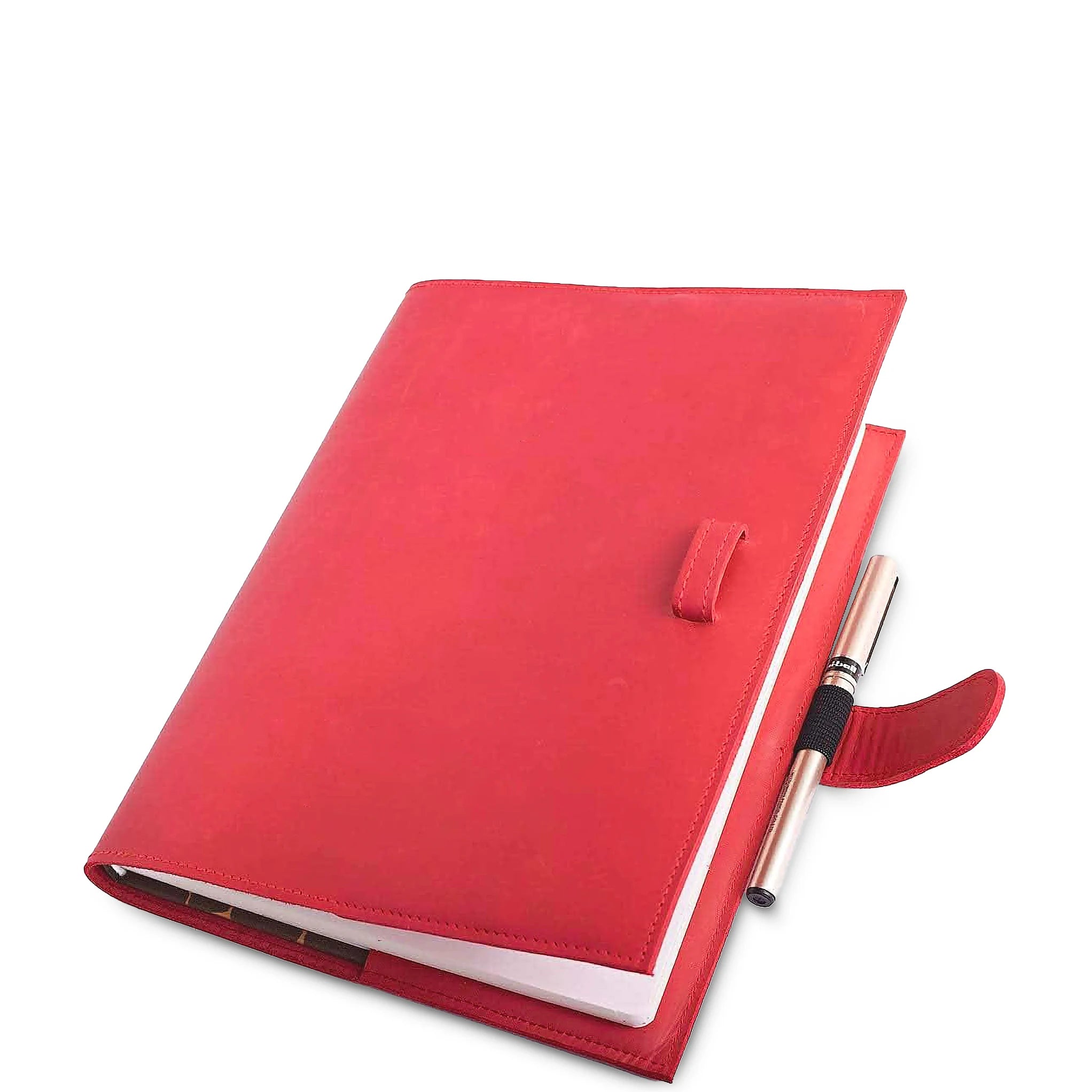 Red leather notebook with a pen on a white background