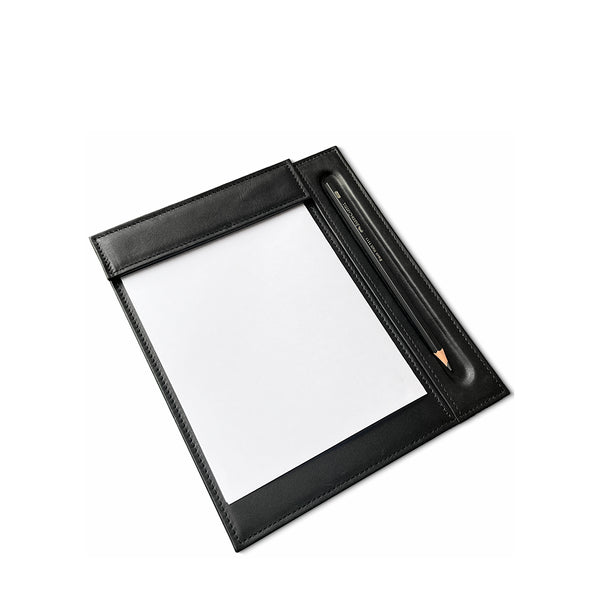 Black leather-bound note pad holder with a white page on a white background