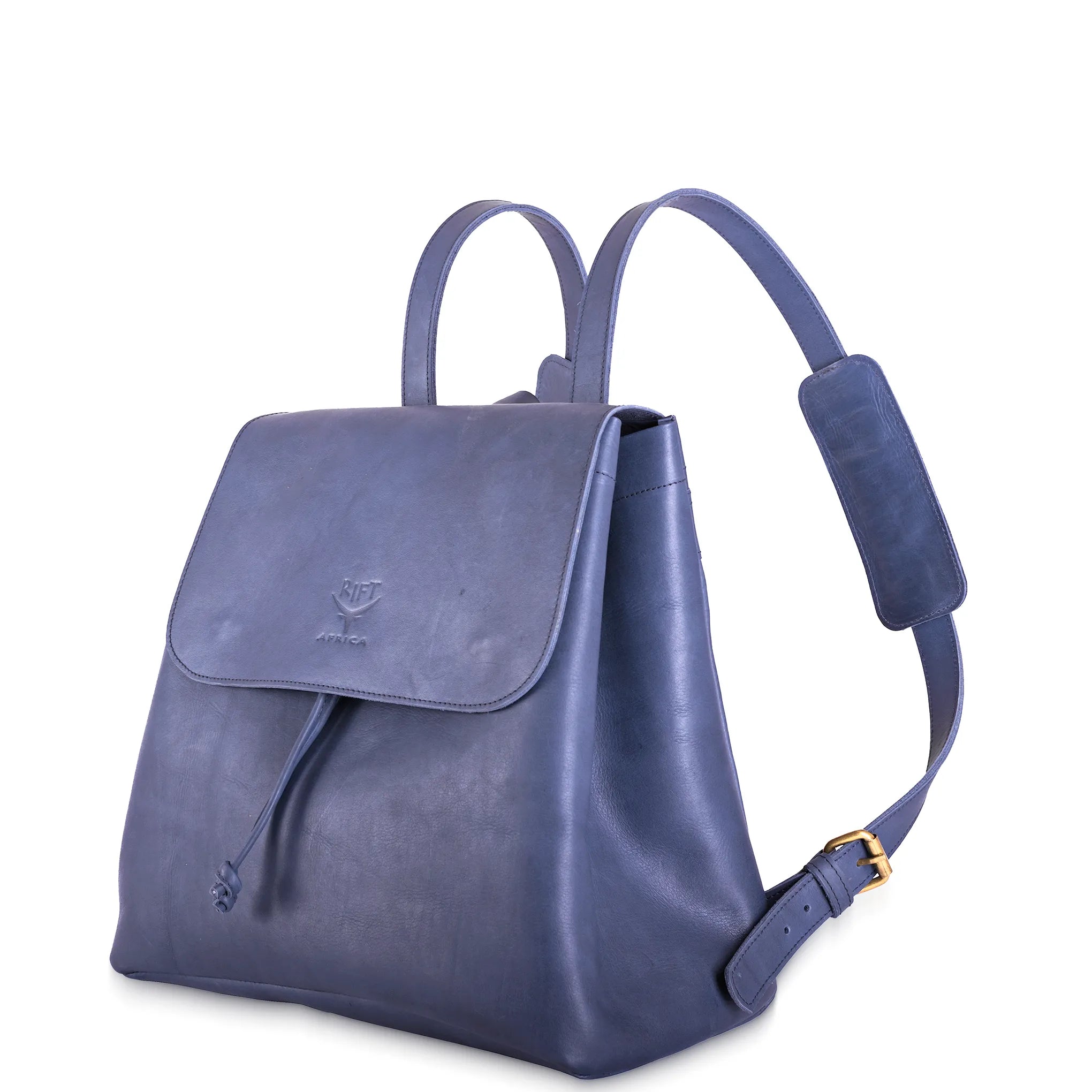 Blue leather backpack on a white background