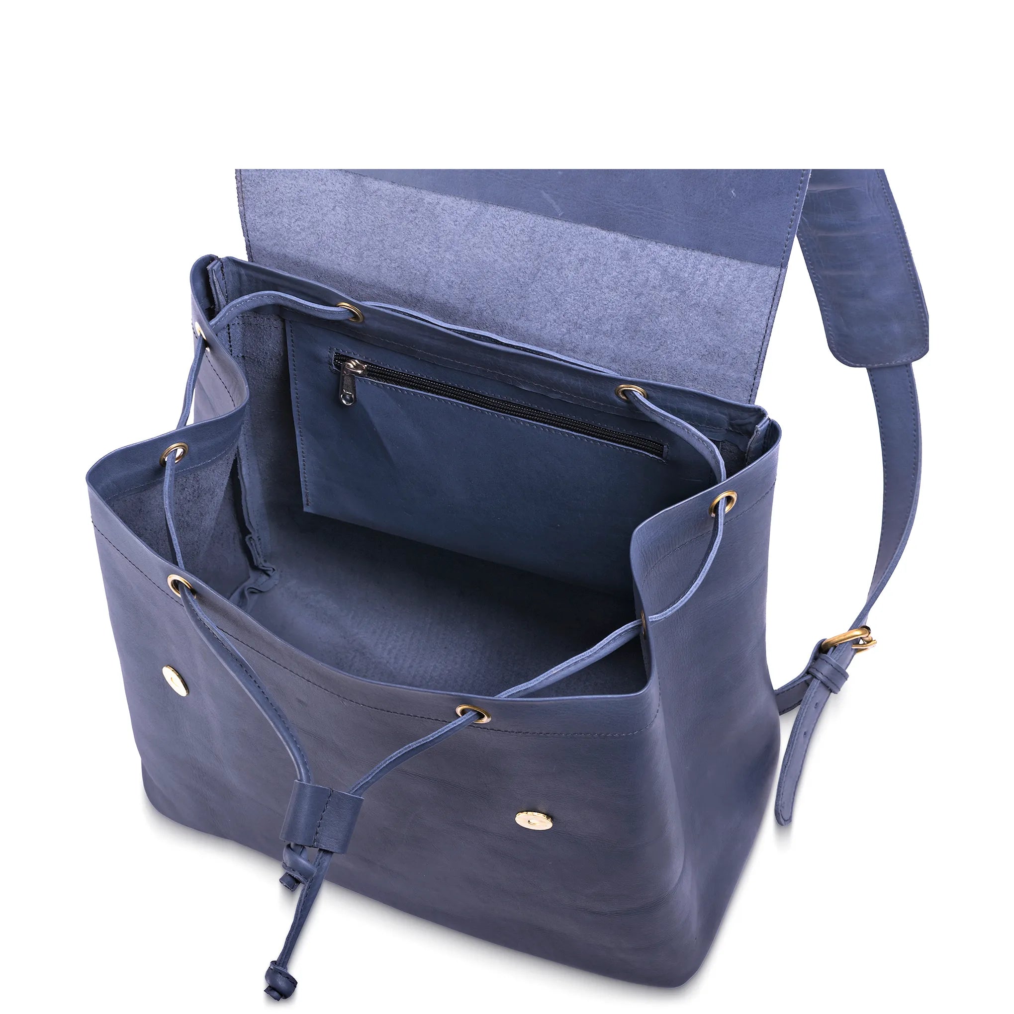 Blue backpack with open front compartment on a white background